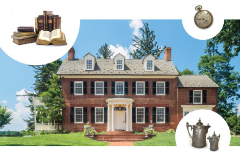 A stack of books, a pocket watch, and a kettle image are inserted over an image of Woodlawn Manor