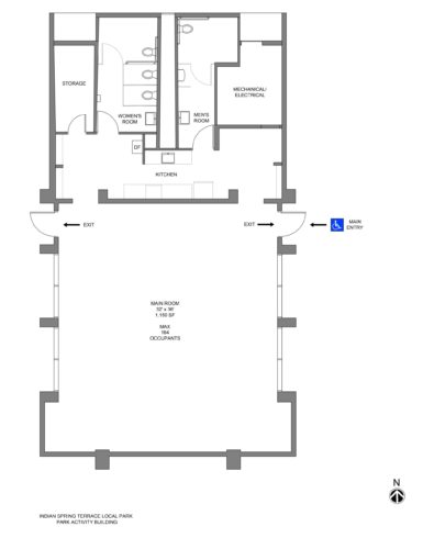 Line drawing of the floor plan for the public activity building