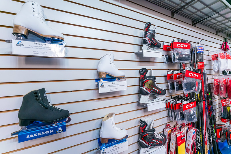 Display of skates and hockey equipment in the pro shop