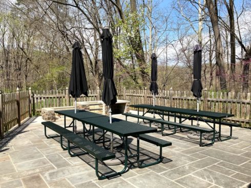 patio with picnic tables