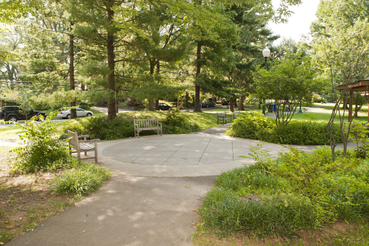 Benches and walking path at Elm Street Urban Park