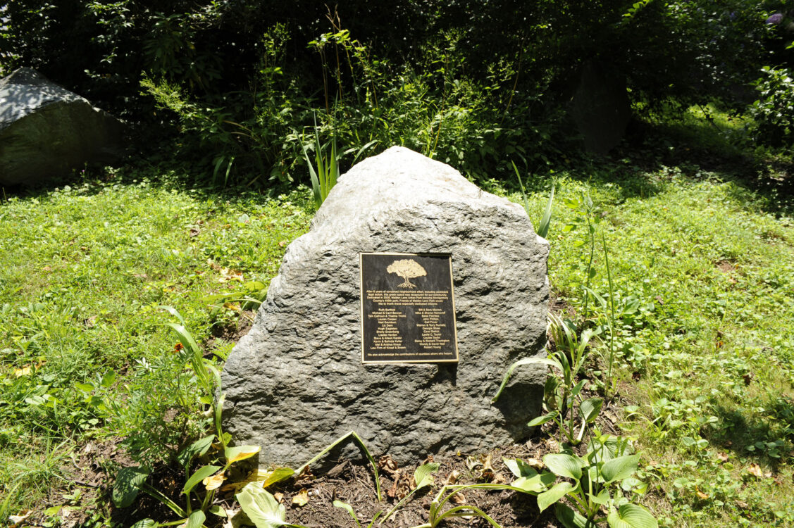 Plaque on a rock at Maiden Lane Urban Park