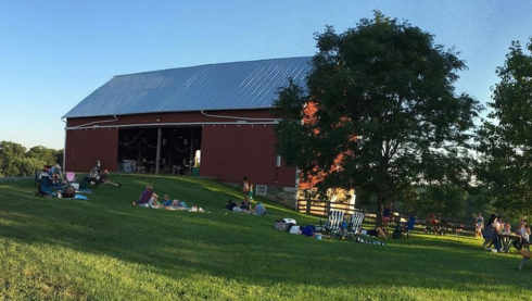 Visitors to the Agricultural History Farm Park picnic on the grass outside the large barn