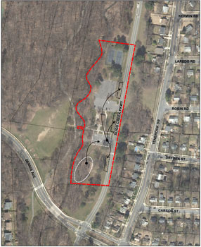 Aerial photograph of Sligo-Dennis Avenue Local Park, highlighting the project area. The existing and proposed playground locations are outlined with an arrow indicating moving the existing playground to the proposed location (currently the parking lot south of the Park Activity Building). Outlines of three bays of parking are shown along Sligo Creek Parkway, accommodating the parking spaces lost by the playground relocation.