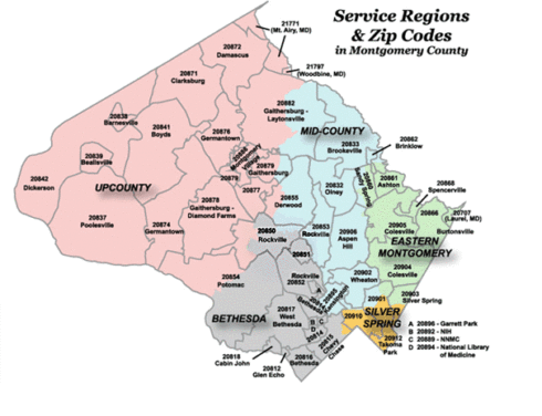 Map showing the Regional Services Centers service areas and zip codes.