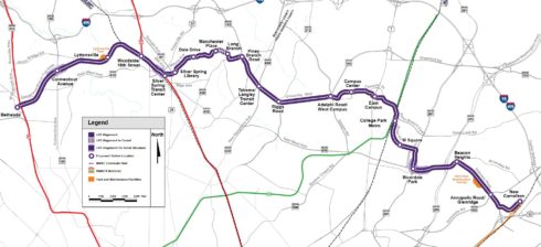 map of purple line prpject outlining stations from Greenbelt, to bethesda.
