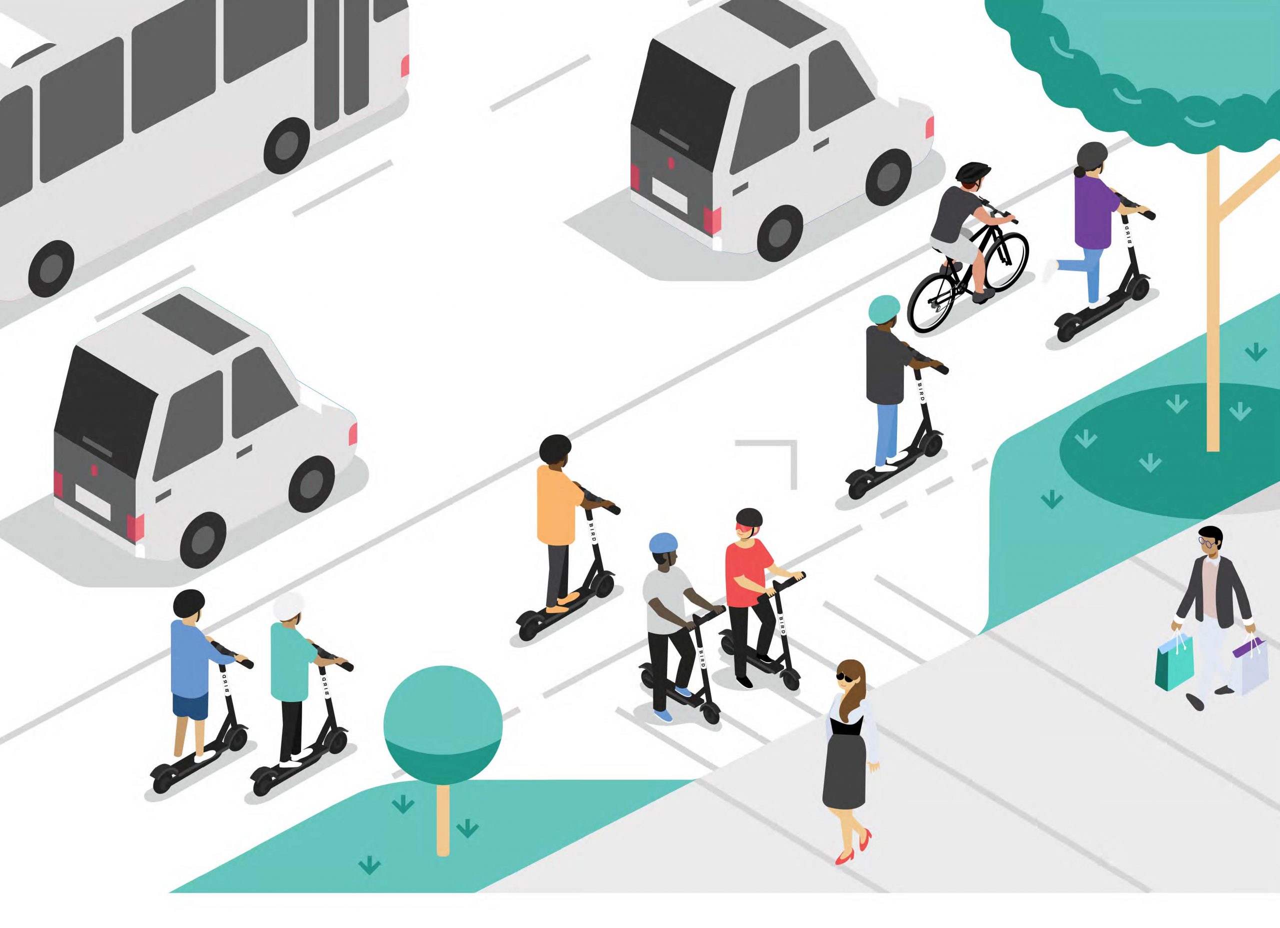 illustration of e-bikes and s-scooters sharing wys with vehicles and pedestrians Illustration