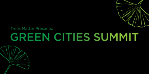 Green Cities Summit banner image - black background with green lettering and leaves