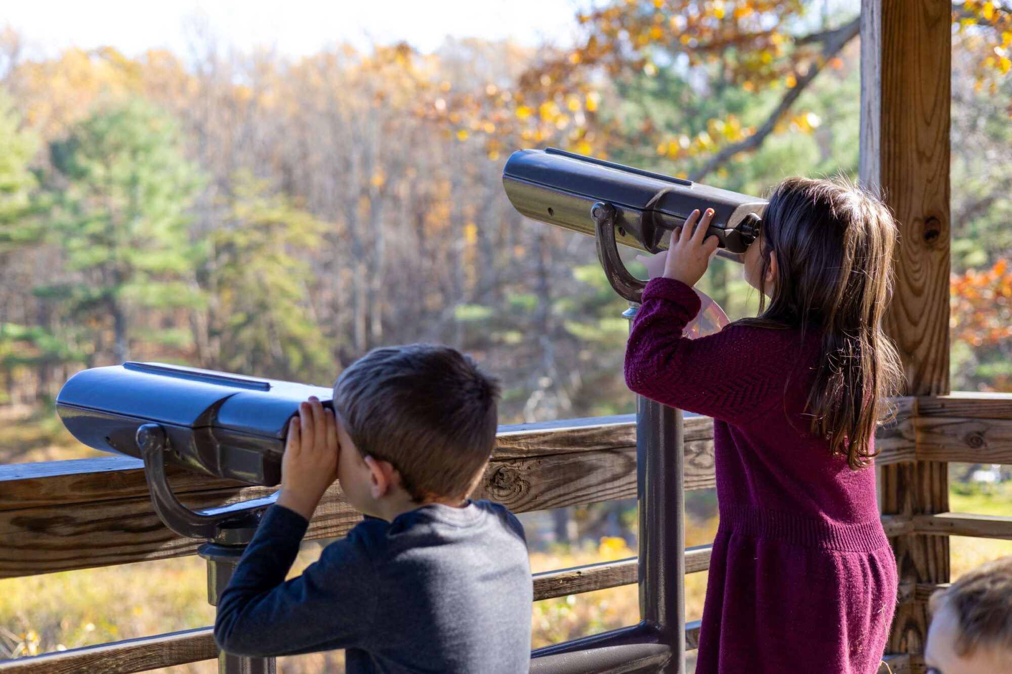 Girl and boy looking though spotting scops.