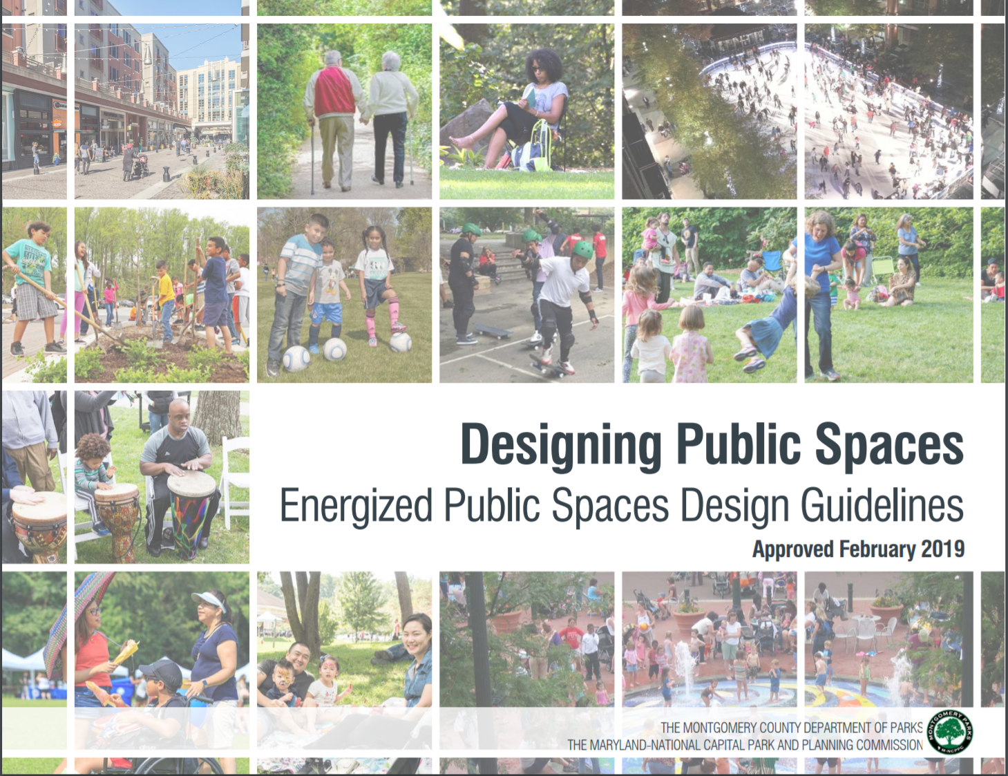 Cover page of the Energized Public Spaces (EPS) Design Guidelines Appendix. It is illustrated with images of people recreating in parks and open spaces.