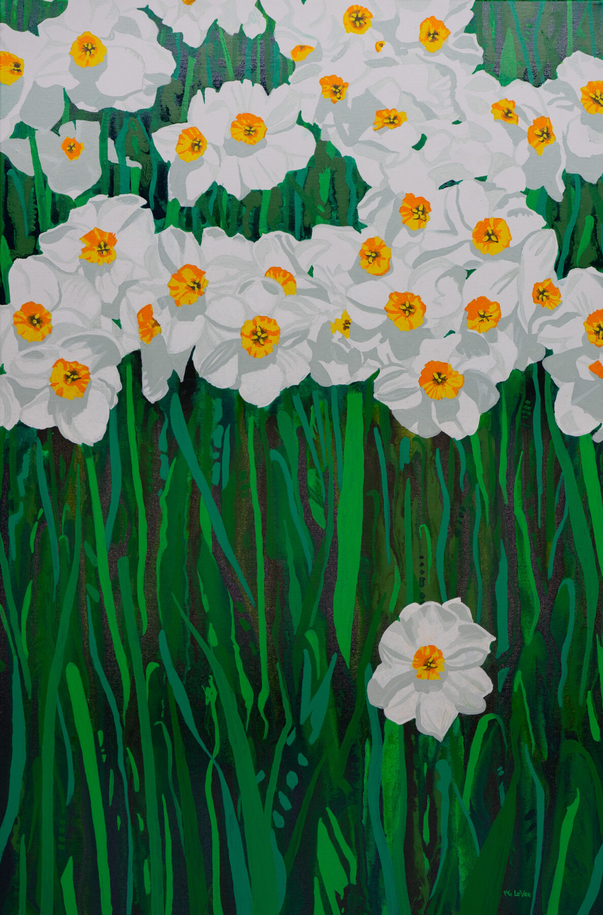 This rectangular work features stalks of white petaled daffodils, gathered mostlly at the top of the work. There is one lone blossom in the lower right corner amounst the green stems of the other daffodils. The top third of a the work features a cluster of dozens of daffodils with white petals and orange/yellow centers.