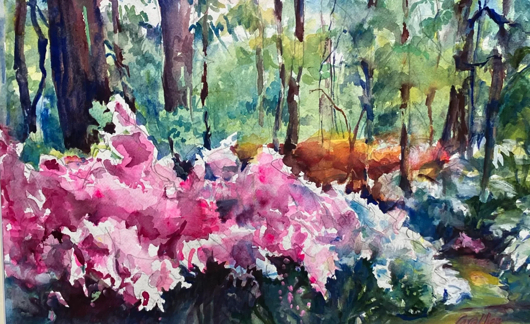 Vibrant watercolor painting of a forest scene with lush green trees and bright pink flowers in the foreground.
