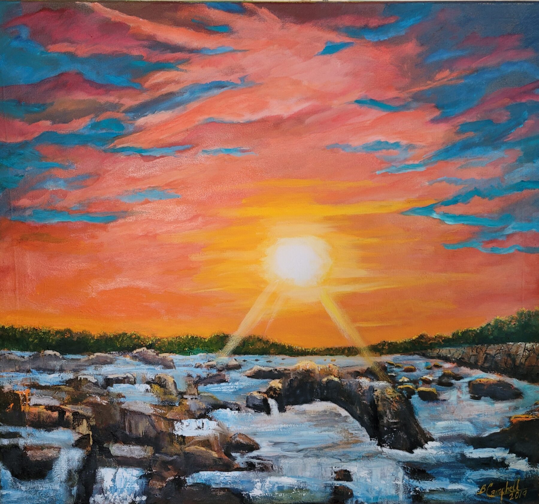 An oil painting of a sunset over a river
