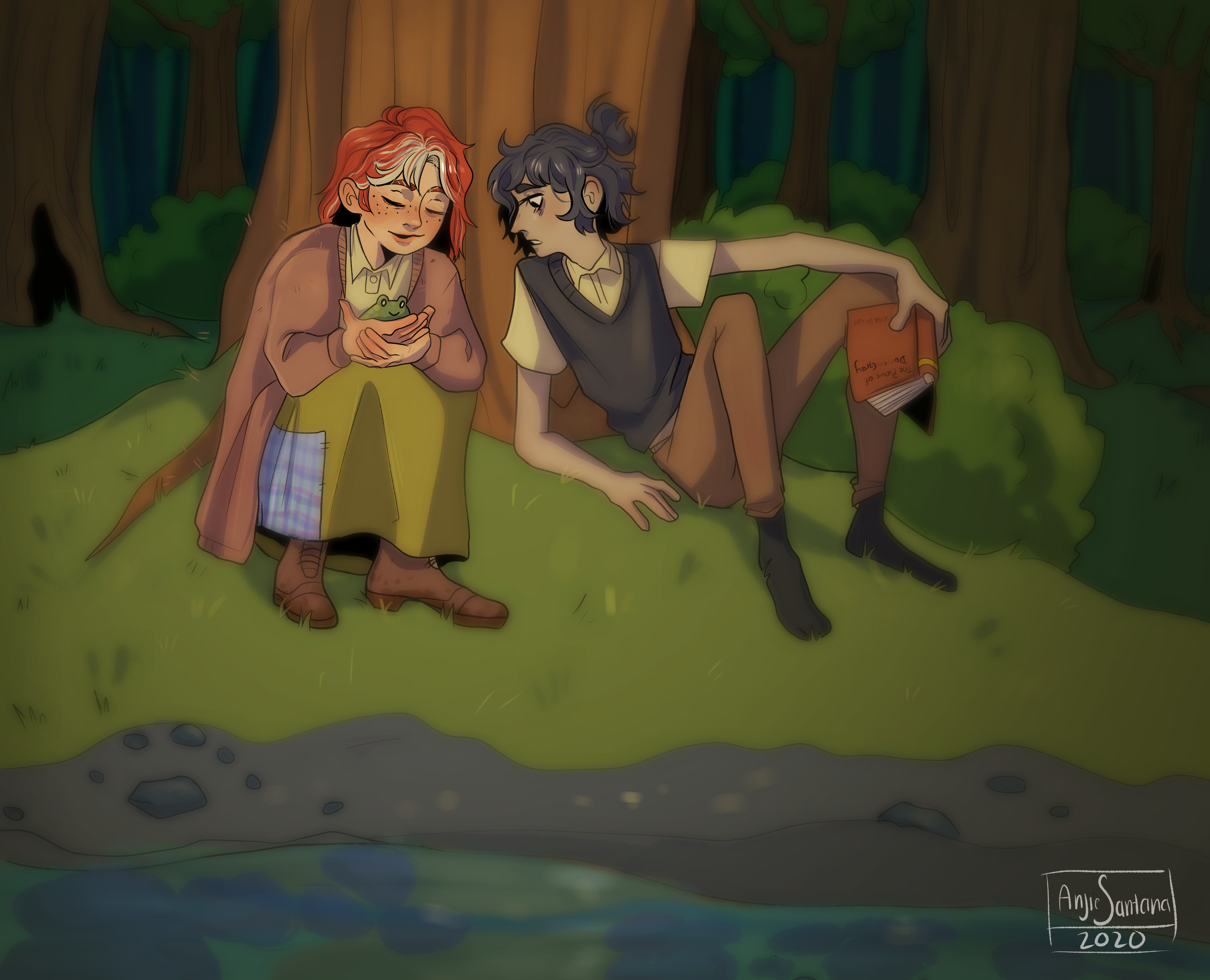 Digital illustration of two people enjoying nature, sitting in a forest at ease looking at frogs and reading books.