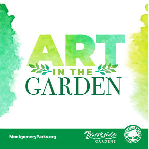 Graphic for Art in the Garden event, Green and yellow fonts with green bar at bottom with Brookside Gardens logo and Montgomery Parks logo
