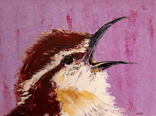 Acrylic on canvas painting featuring a birds head which its beak open. A painting features a pink/purple background. The top of the birds head is brown with a white stripe above its eye going from the beak to the back of its head. Going across its eye is a darker brown stripe. Below the eye, the bird is white.