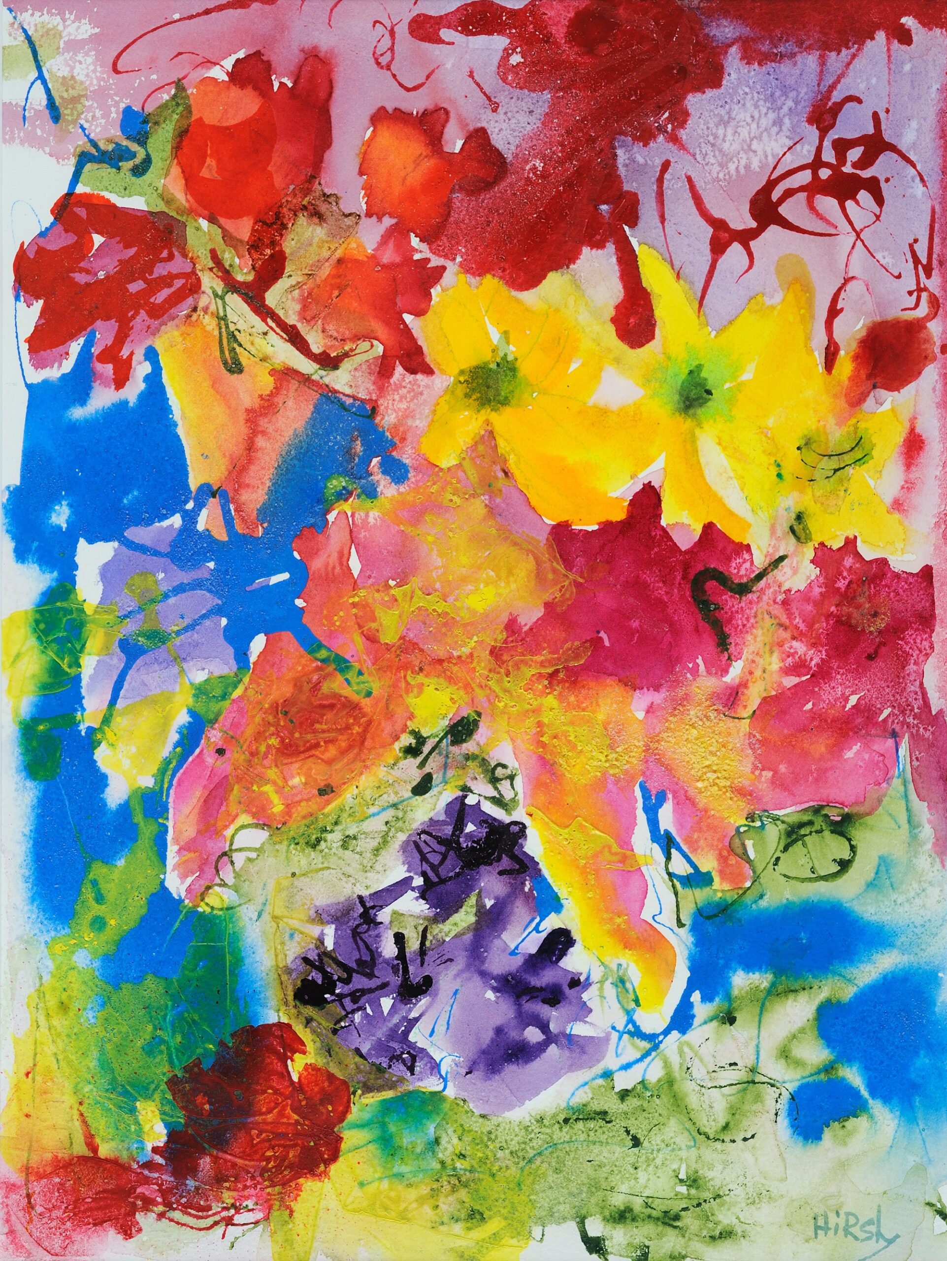 A painting that is an abstract take on flowers in rainbow colors.