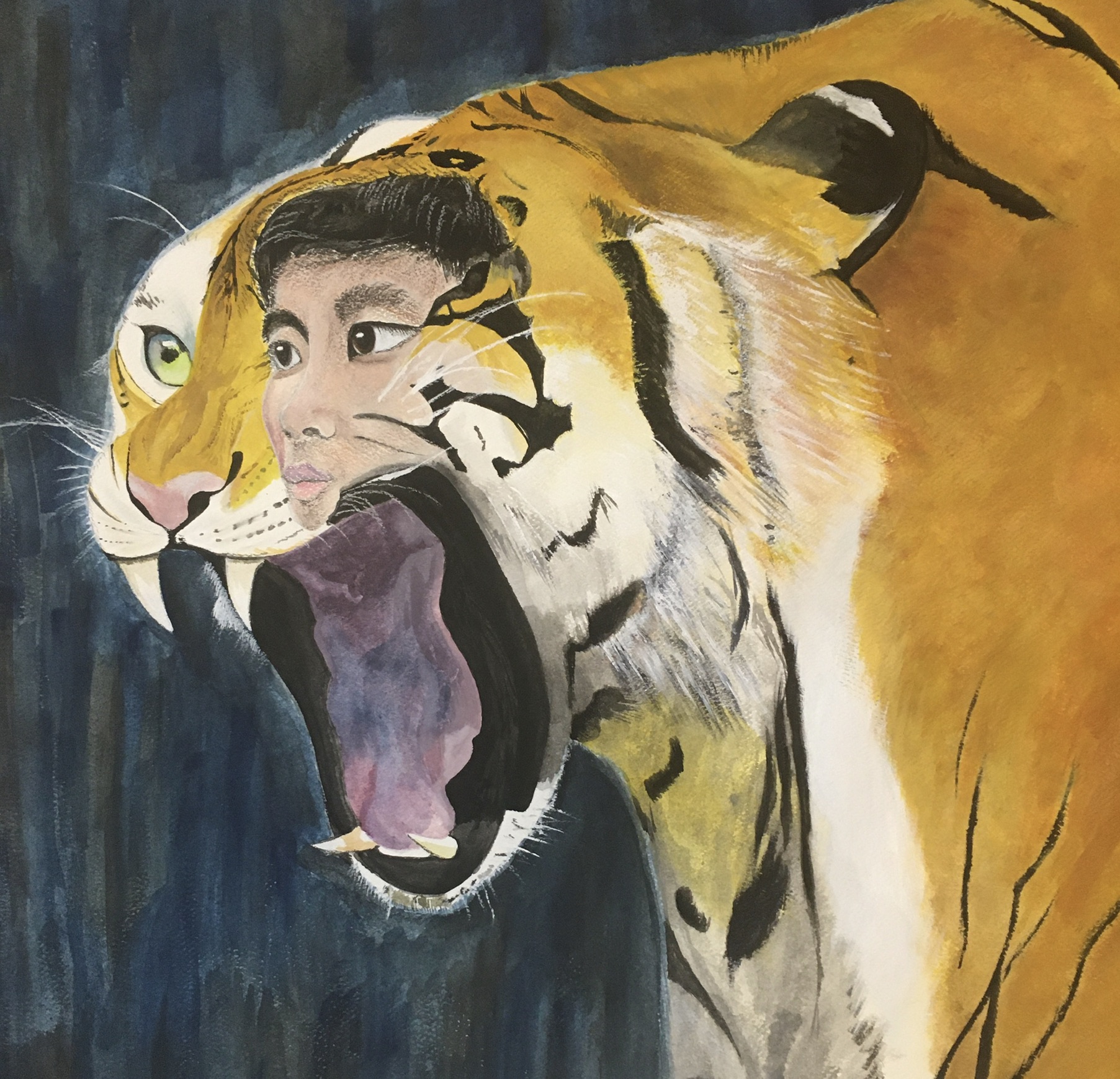 Painting of a Bengal Tiger with a man's face superimposed on it, painted by by G. Chen