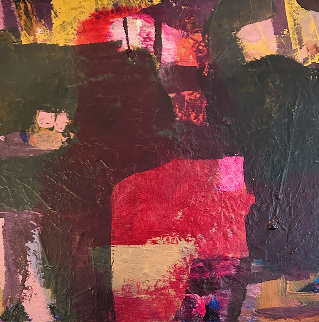 An abstract acrylic painting composed of layered blocks and sweeping shapes in deep burgundy, black, crimson, pink, cream, and ochre. Broad, overlapping forms create a dynamic composition, with a large field of rich red near the center contrasted by darker vertical and curved shapes that frame the image. Areas of pale pink and cream emerge beneath the darker layers, adding depth.