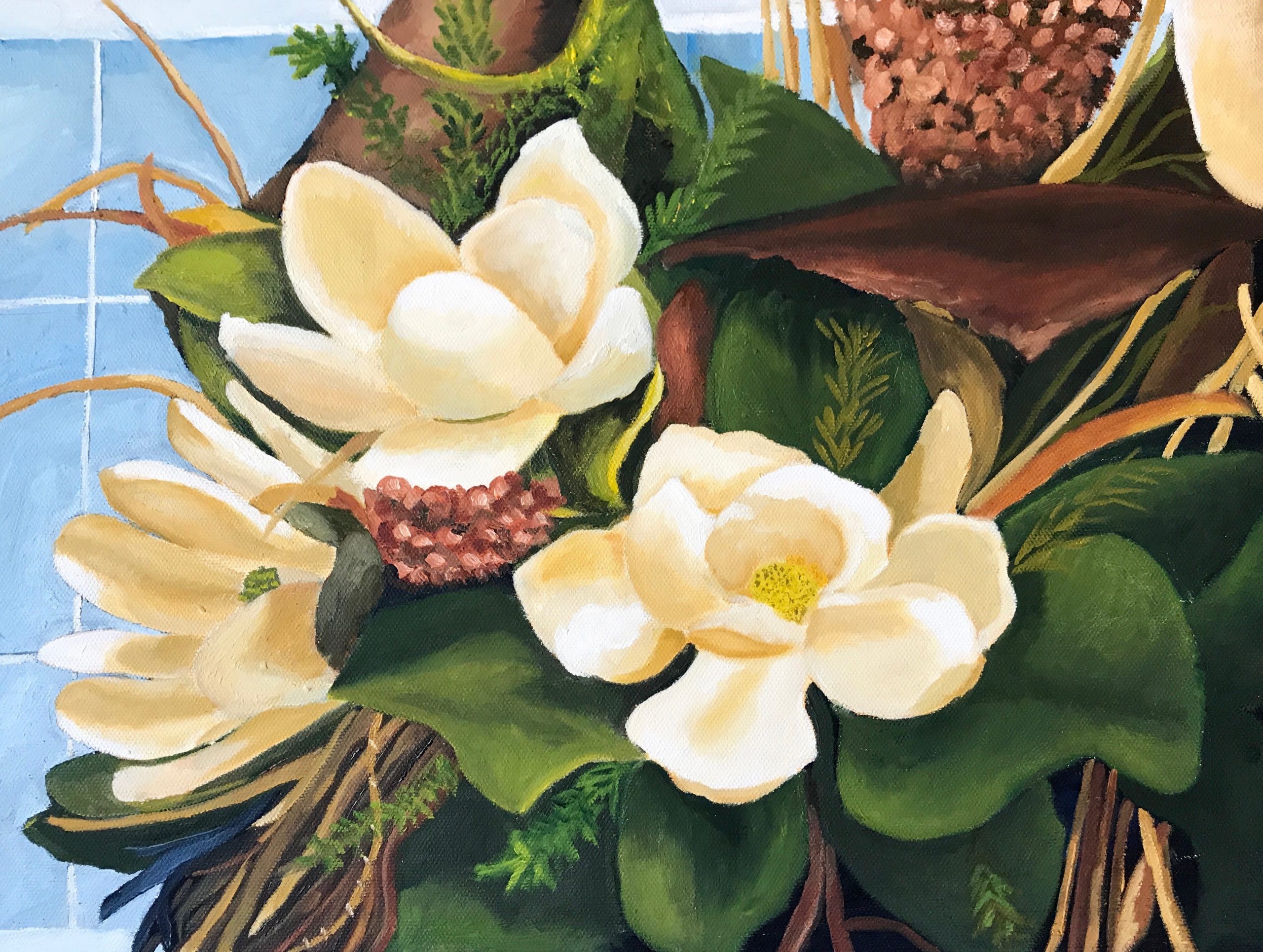 Magnolia Blooms oil painting by Rebecca Jackson, Exhibit at Brookside Gardens