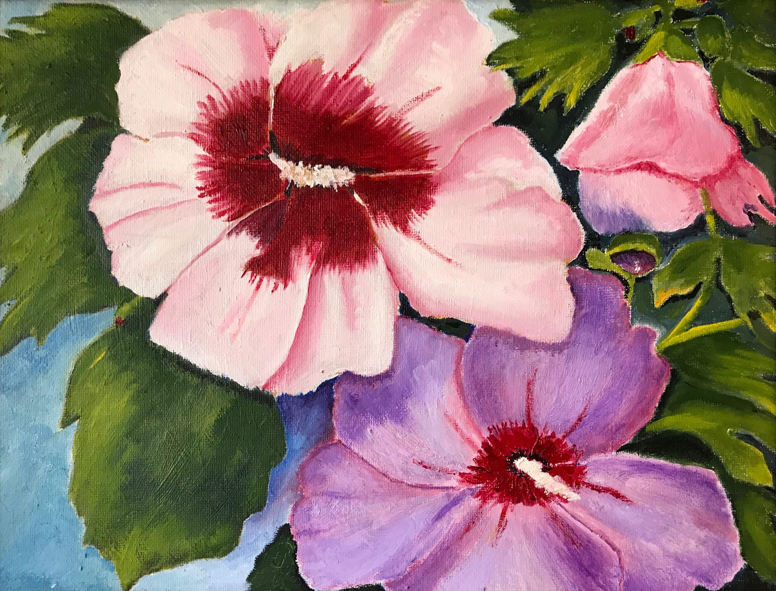 Multicolor Rose of Sharon oil painting by Rebecca Jackson, Exhibit at Brookside Gardens