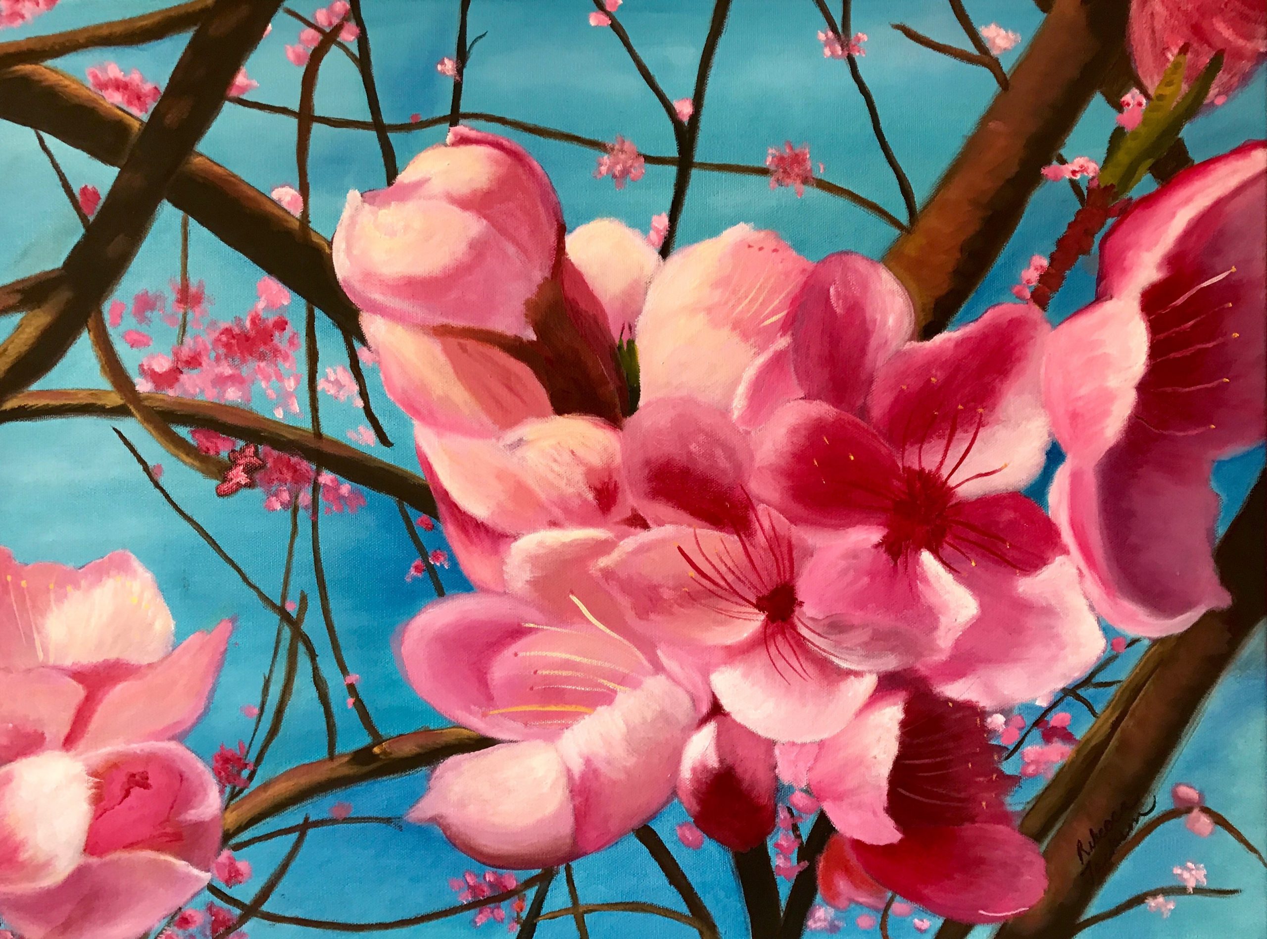 Peach Blossoms Oil painting by Rebecca Jackson, Exhibit at Brookside Gardens