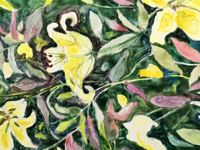 Daylilies by Susan Shand, Painting of yellow daylilies, Art Exhibit at Brookside Gardens