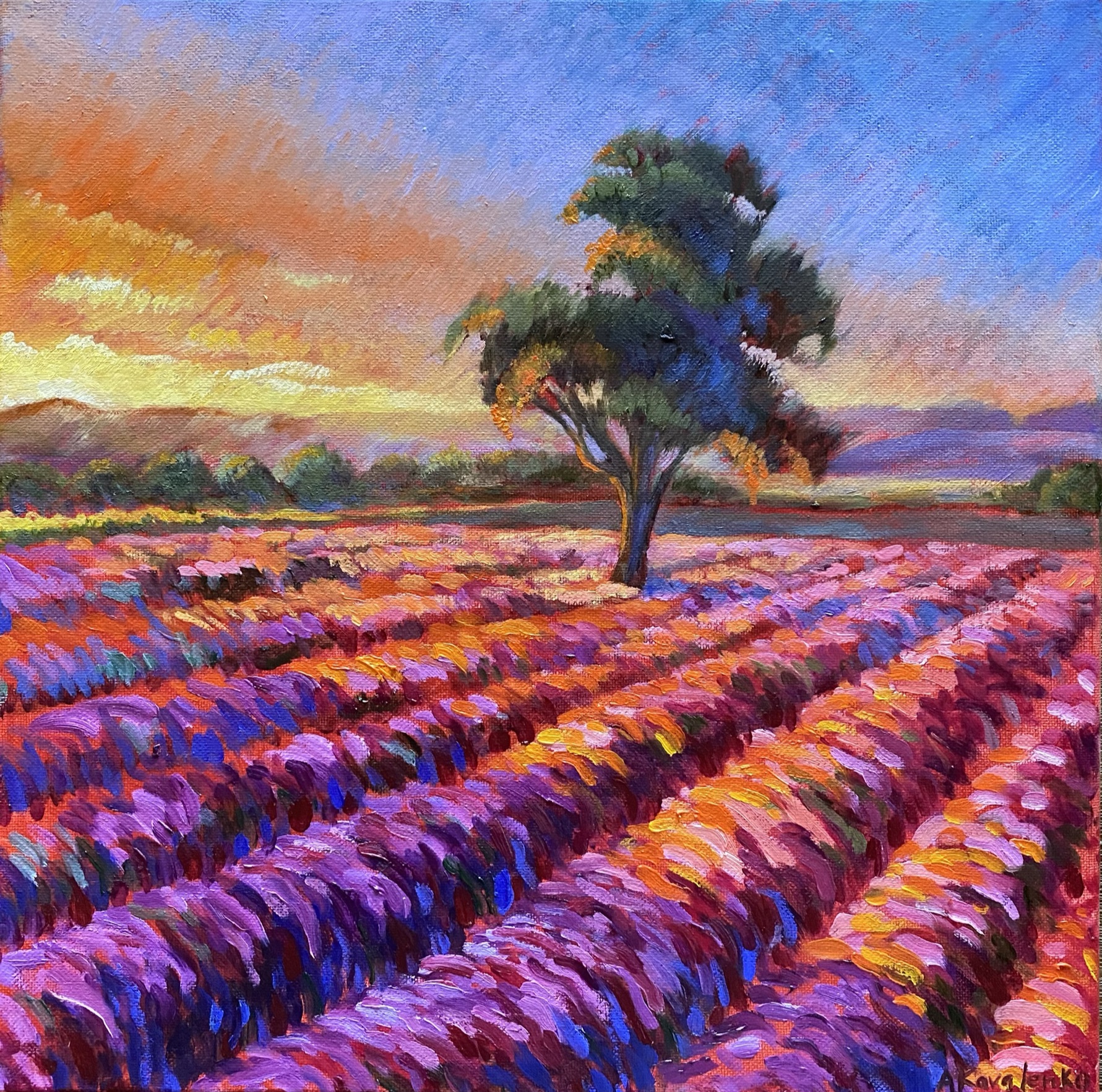 A painting of a meadow at sunset in tones of purple , orange, yellow and red