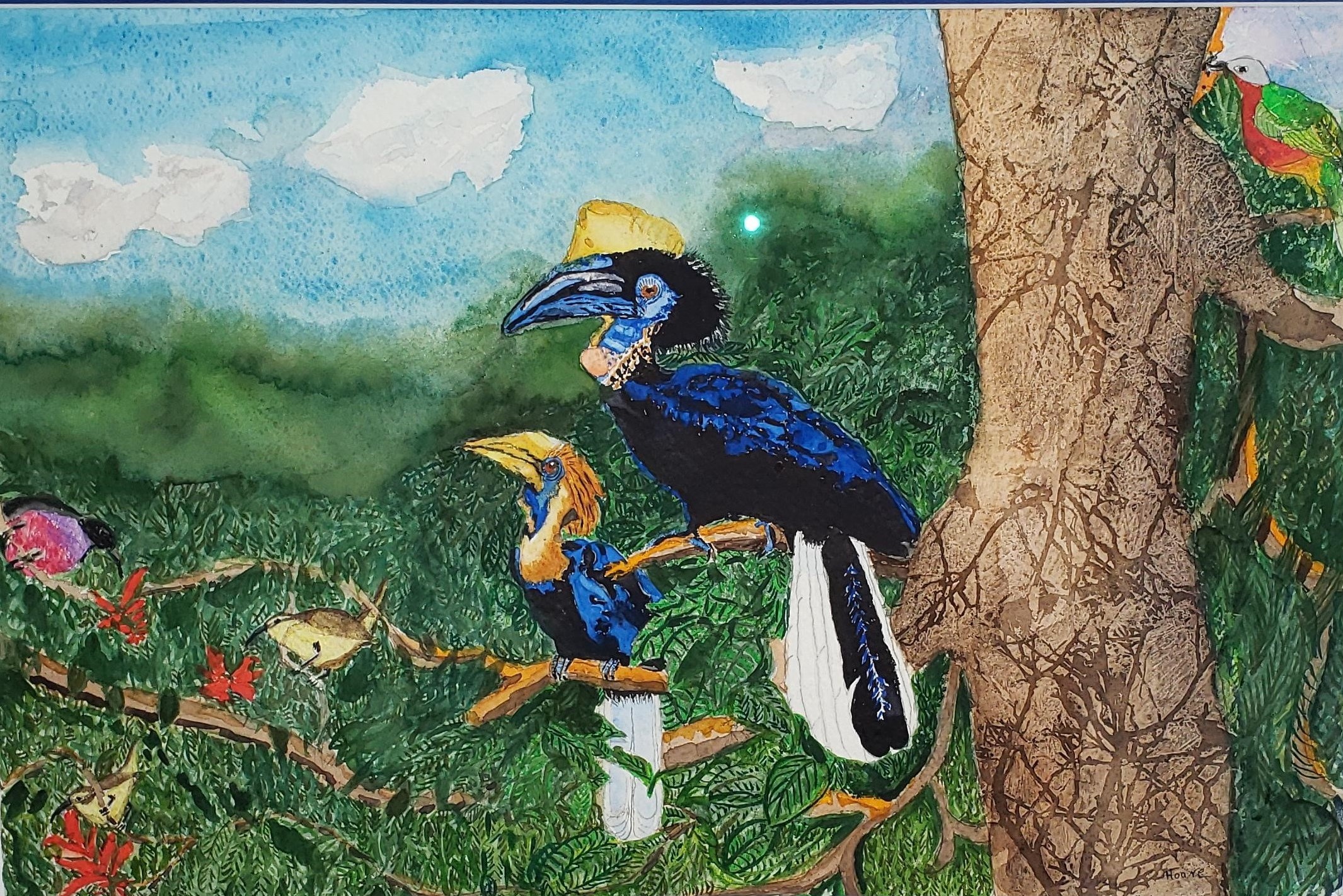 Yellow Hornbills and Friends 1 by Alexandra Treadaway-Hoare $700, Painting, Brookside Gardens, Bird, Hornbill,