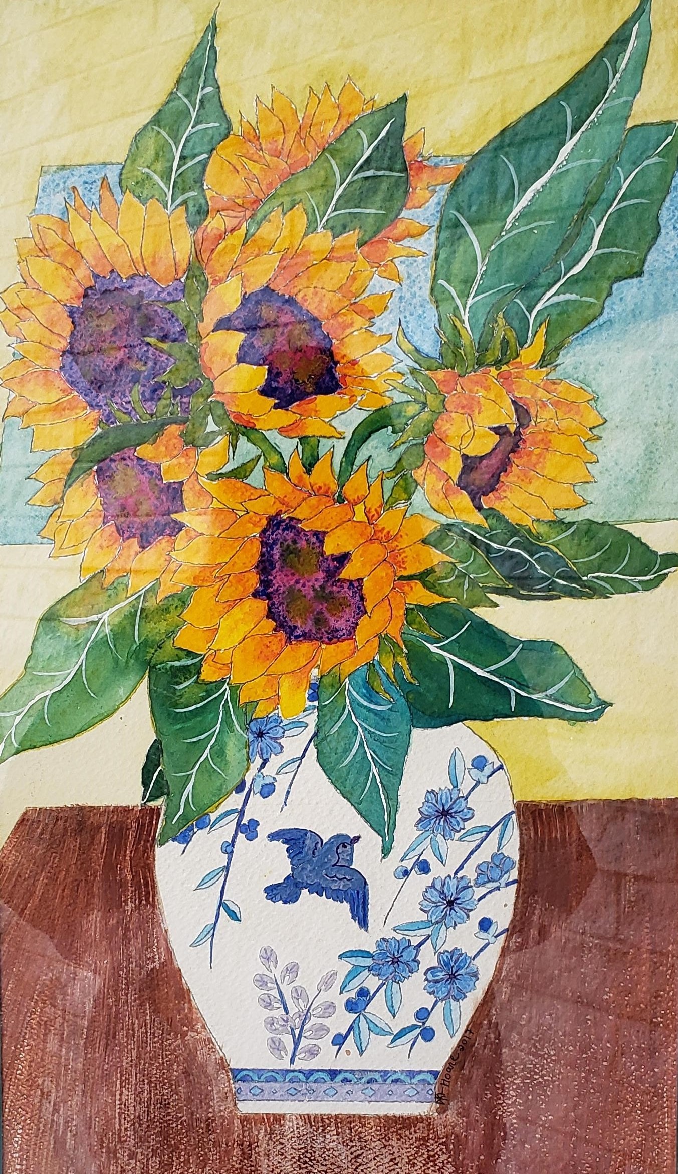 Sunflowers in Chinese Vase by Alexandra Treadaway-Hoare $700, Painting, Brookside Gardens,