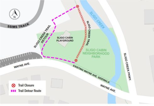 Aerial view of Sligo Cabin Neighborhood Park Construction plan for realigning Sligo Creek Trail, as part of the Purple Line Project