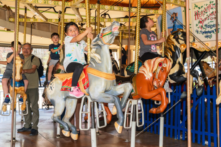 children riding on a horse on the carousel.