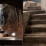 Split picture of cave before and picture after with stairs built into cave.