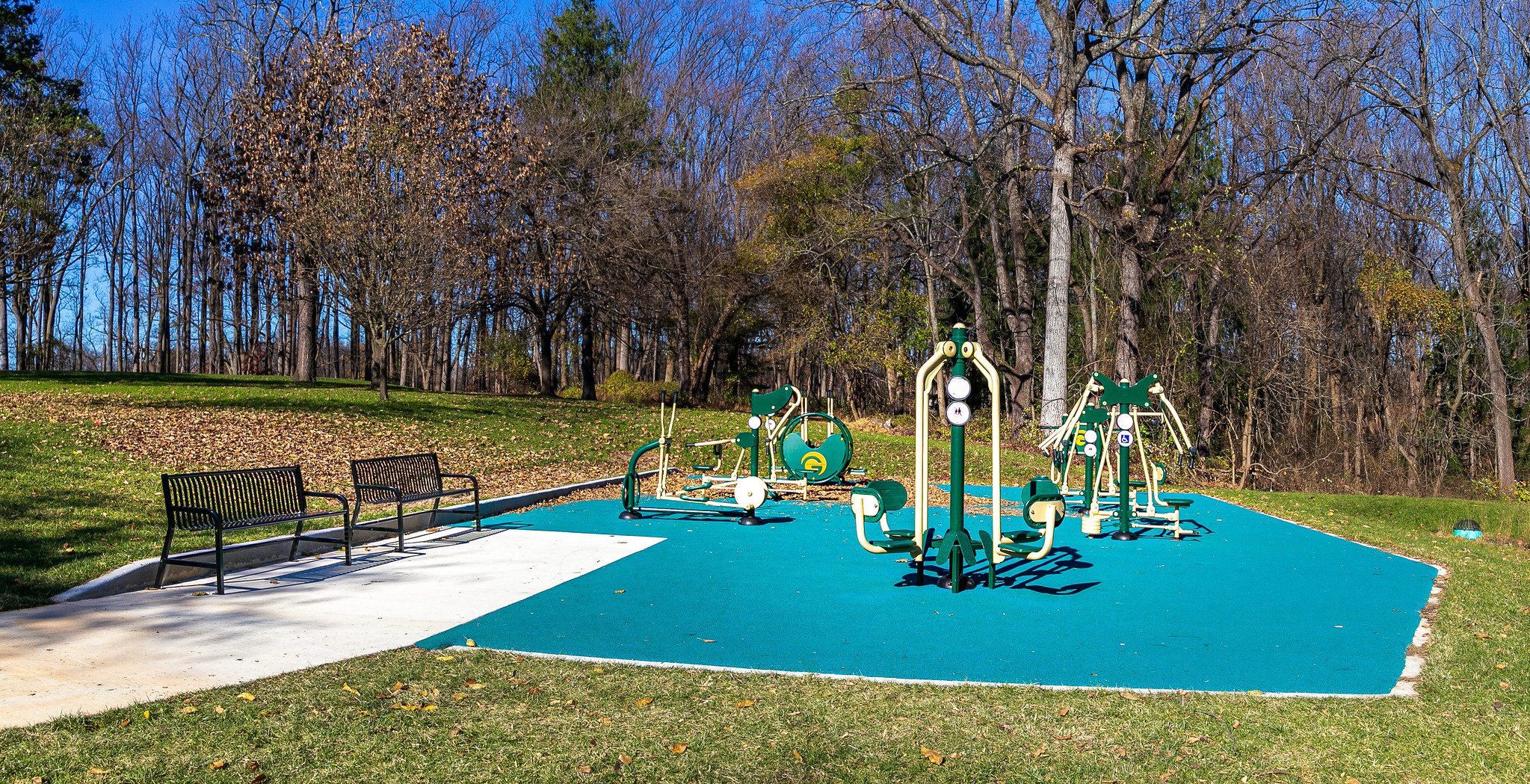 shorefield area wheaton regional park fitness station with blue rubber surfacing, and two benches