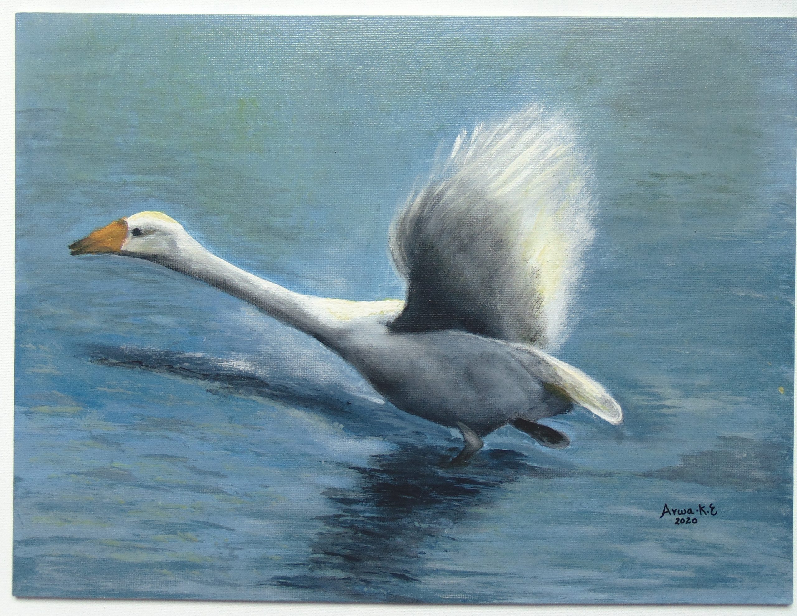 Painting of Flying Goose by Arwa Khadr ElBoraei, Art exhibit at Brookside Gardens, Water, Bird,