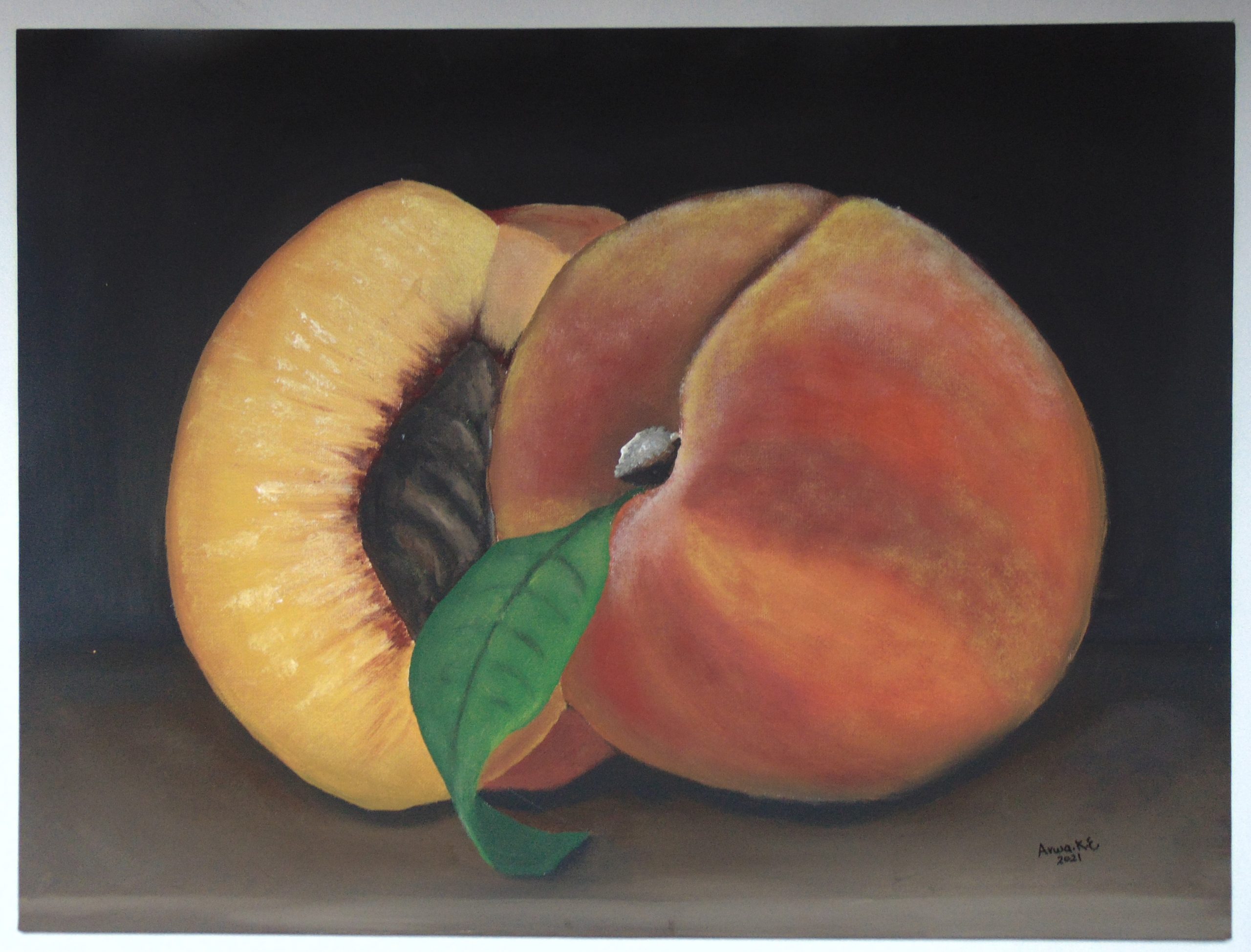 Painting of Peaches by Arwa Khadr ElBoraei, Art exhibit at Brookside Gardens, Peach, Staple food, Fruit, Apricot, Natural foods, Ingredient