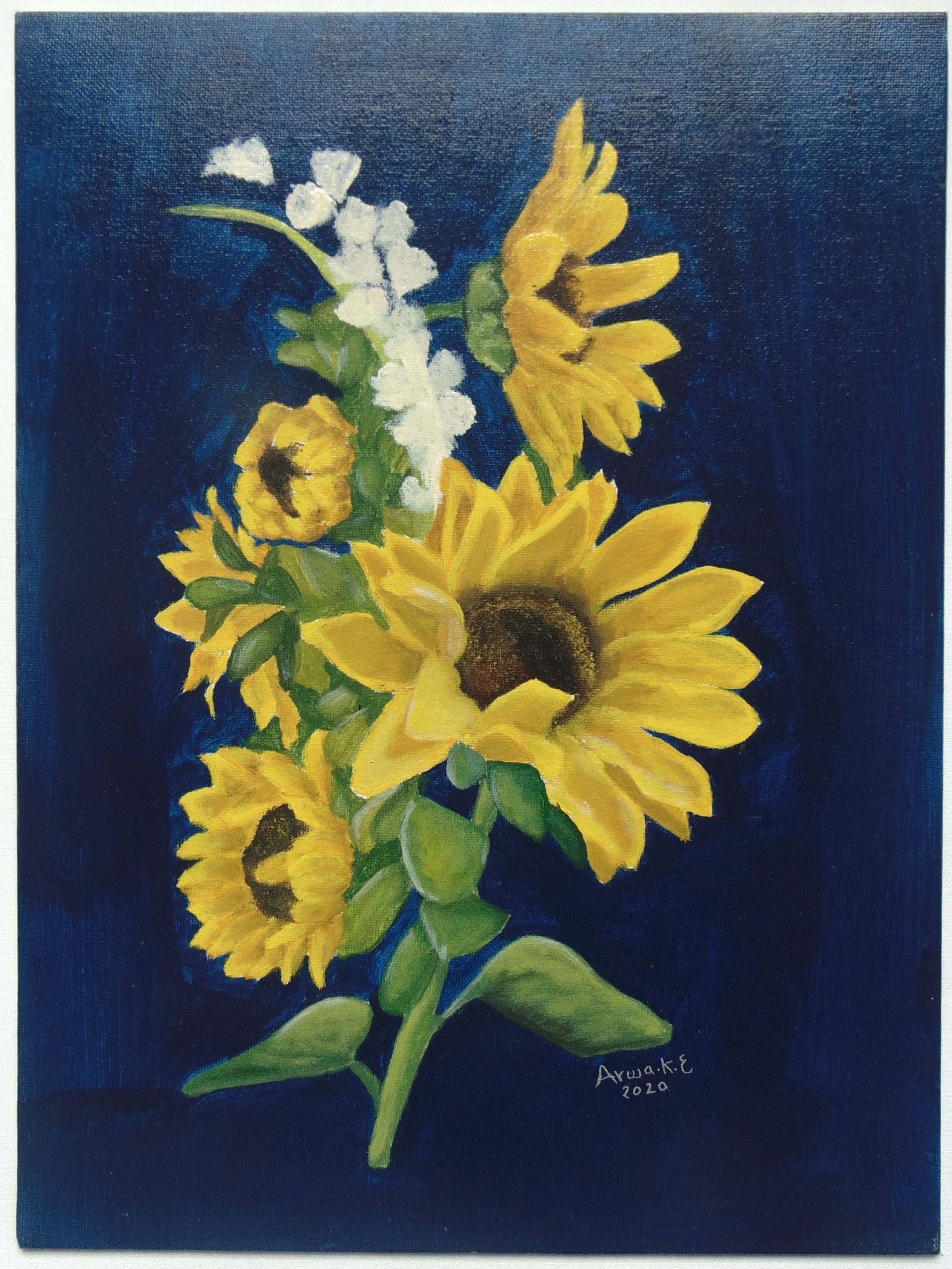 Sunflowers by Arwa Khadr ElBoraei, Art exhibit at Brookside Gardens,Flower, Plant, Rectangle, Petal, Painting, Creative arts, Paint, Art