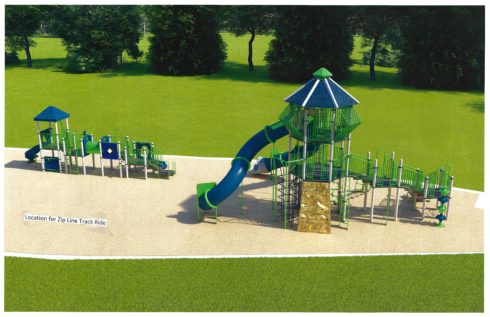 Playground Rendering showing the location of the zip like track ride in relation to the playground equipment for 2-5 year olds and 5-12 year olds. 