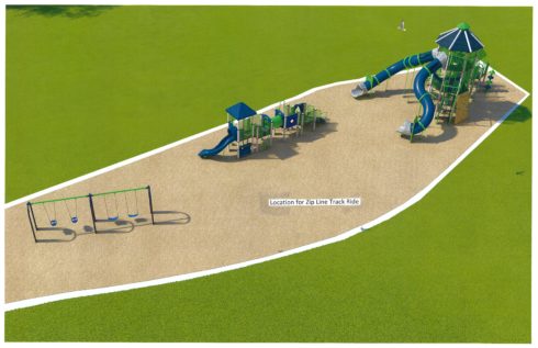 Playground Rendering for Sligo Creek Stream Valley Park, showing playground area for 2-5 year olds and 5-12 year olds, as well as 2 toddler bucket swings and 2 regular swings. 