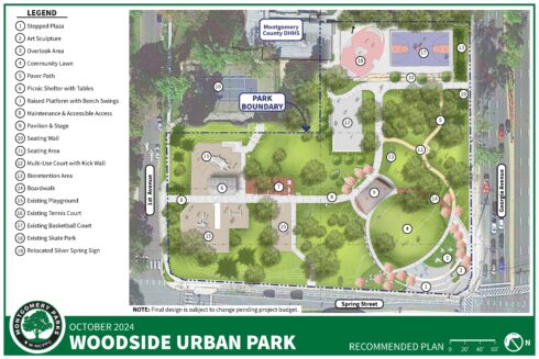 A map of the recommended plan for Woodside Urban Park. The park is boundary is marked by a blue dashed line and is bounded on the left, bottom, and right side by First Avenue, Spring Street, and Georgia Avenue, and on top by the Montgomery County D H H S complex. On the bottom right corner is an arrow indicating North, which is towards the upper left of the map. A small scale is shown to its left, representating length in increments of 20 feet, from 0 to 60 feet in total.  Small circles with numbers ranging from 1 to 19 indicate items of interest in the park design. Those items are  listed in detail in the legend to the left of the map.