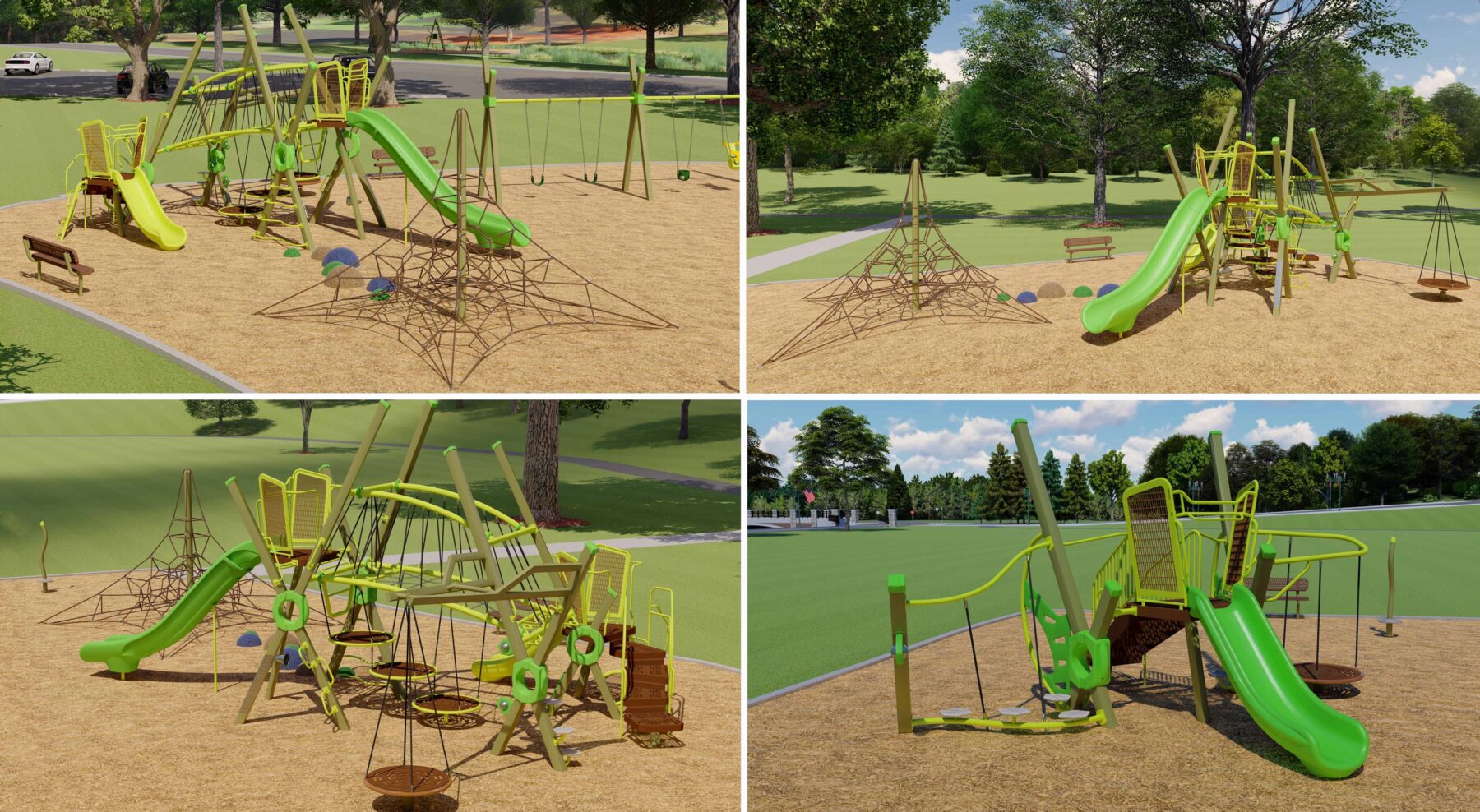 three-dimensional vignettes of the selected play equipment, including close-ups of the net climber, 2-5 climbing structure, and 5-12 climbing structure.