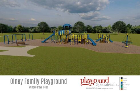 Olney Family Neighborhood Park  view of the playground after construction with equipment for 5-12 year olds and 2-5 year olds.