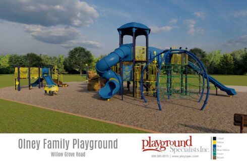 View of the proposed Olney Family Neighborhood Park Willow Grove Road playground equipment for 5-12 year olds and 2–5-year-olds. 