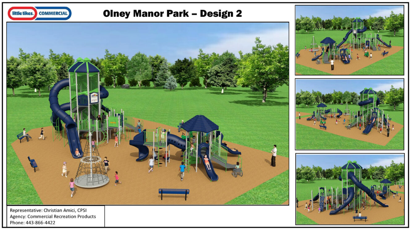 new playground design. blue and green play equipment. slide, running area, climbing apparatus.