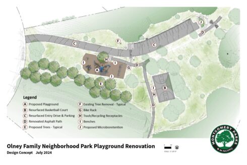 proposed playground renovation and associated improvements near Willow Grove Road. The proposed playground is shifted west and made more linear to reduce impacts to the stream buffer. The entry drive and parking area are shown as being resurfaced. The basketball court is shown as being resurfaced. Portions of the asphalt paths to the east of the playground and south of the parking area are shown to be renovated. Several existing trees are indicated for removal and several trees are shown to be planted. A proposed microbioretention area is shown east of the parking lot. Proposed benches are shown in the playground and near the basketball court. A bike rack is shown adjacent to the playground and trash and recycling receptacles are shown near the playground and basketball court. 