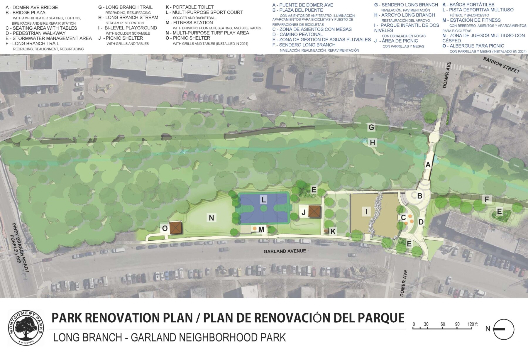 Concept plan for Long Branch Garland Neighborhood Park. The plan has a key labeled A to O to designate the areas that will be receiving improvements.