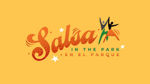 salsa in the park logo with gold background, orange lettering and two abstract figures dancing hand in hand