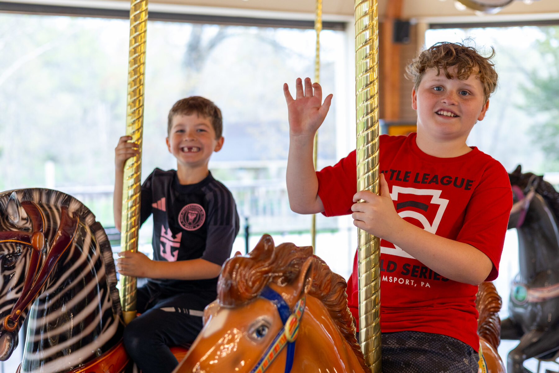 Boys smiling on the carousel