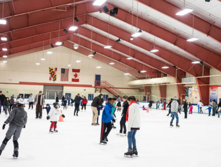Children and adults skating at an indoor skating rink.