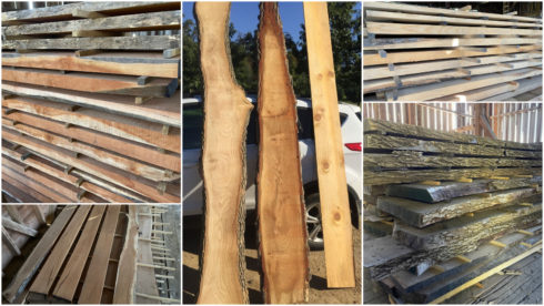 Lumber displayed in five photos standing up and stacked.